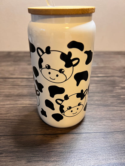 Cute Cow 16oz Glass Can