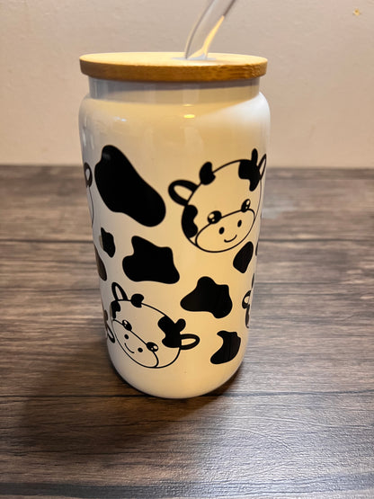 Cute Cow 16oz Glass Can