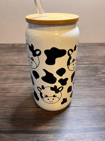 Cute Cow 16oz Glass Can