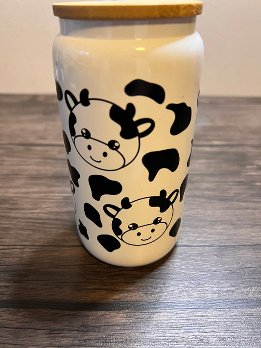 Cute Cow 16oz Glass Can