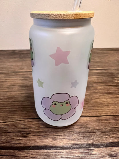 Kawaii Frog 16oz Frosted Glass Can