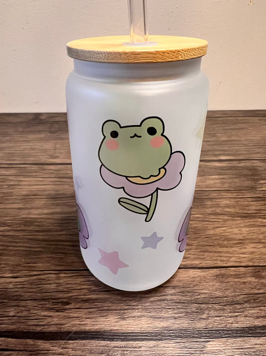 Kawaii Frog 16oz Frosted Glass Can