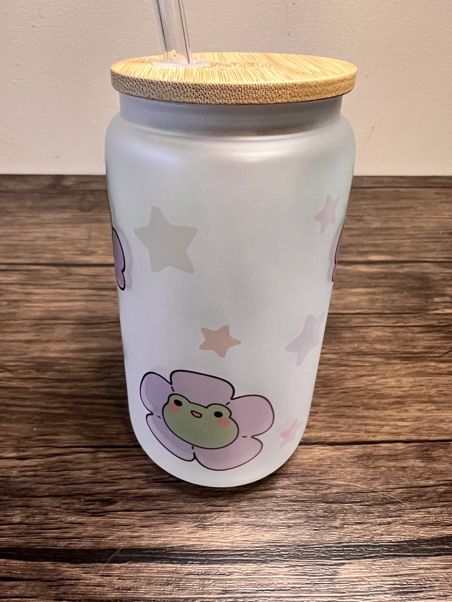 Kawaii Frog 16oz Frosted Glass Can