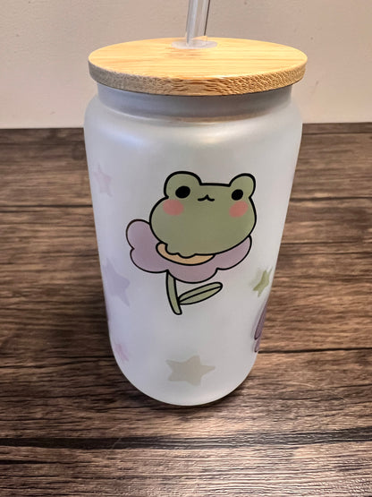 Kawaii Frog 16oz Frosted Glass Can